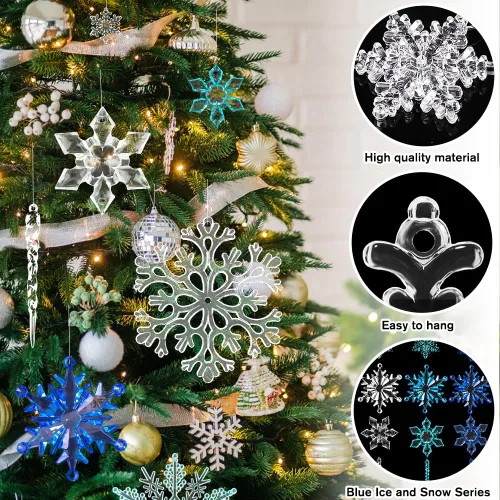 Miniatura 3 de YUJUN 56 piezas de adornos de copos de nieve de Navidad de cristal, copos de nieve azules de invierno, gotas de carámbano para árbol de Navidad