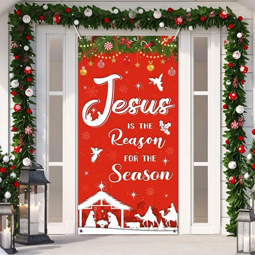 WovWeave Decoración navideña para puerta religiosa al aire libre, Jesús es la razón de la temporada, fondo de fotografía de Navidad, pancarta de