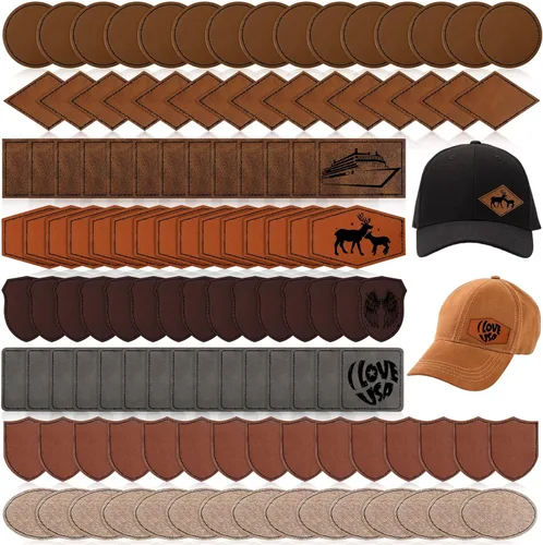 Miniatura 8 de Giegxin 120 Piezas Parches de Cuero Sintético Rústico para Sombreros con 8 Tipos de Formas de Grabado Láser en Blanco, Parche Adhesivo para Tela
