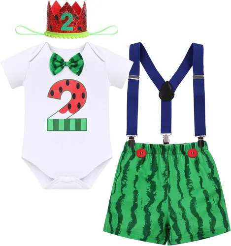 Conjunto de 4 piezas de 3 piezas para bebé, diseño de sandía, para el primer cumpleaños, para tarta, de manga corta, pañales, con tirantes
