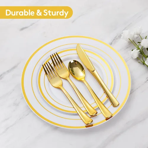 Miniatura 4 de Goodluck 150 platos desechables dorados para 25 invitados, fiesta de plástico, boda, juego de vajilla de platos llanos, cucharas de ensalada