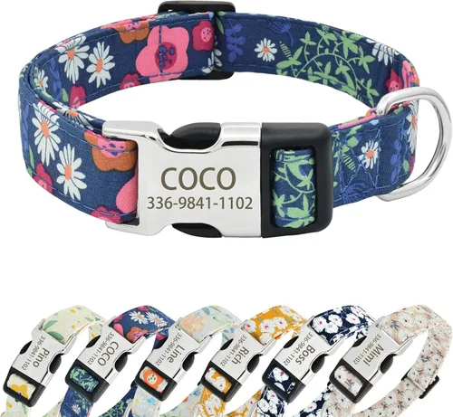 Miniatura 12 de Collares de perro florales personalizados con nombre, collares suaves personalizados con hebilla grabada para perros pequeños, medianos y grandes