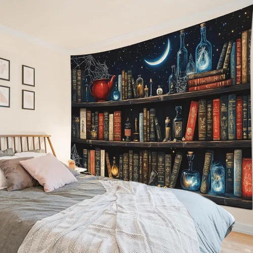 Miniatura 17 de LB Tapiz de cielo nocturno, luna llena en el mar, tapiz para colgar en la pared, tapiz de nube blanca de fantasía, tapiz de acuarela, arte de pared