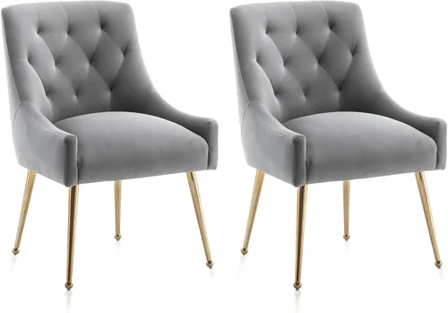 Miniatura 29 de Juego de 2 sillas de comedor, modernas sillas de comedor de terciopelo con patas doradas, elegantes sillas de acento acolchadas para recepción, sala