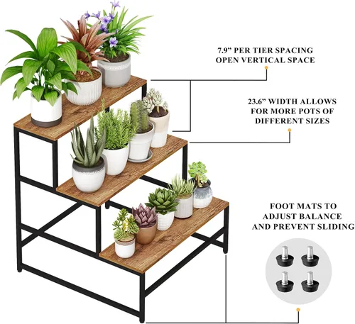 Miniatura 7 de Soporte para plantas de 23.6 pulgadas de ancho para interiores, estante escalera para plantas moderno de 3 niveles, organizador de macetas