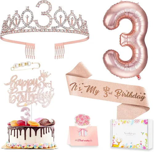 Decoraciones de cumpleaños de 3 años para niñas, que incluyen adorno para pastel de cumpleaños de 3 años, banda de reina con alfiler de perla,