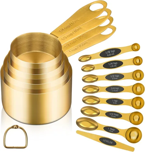 GuDoQi - Juego de cucharas y tazas medidoras magnéticas doradas de 12 piezas, 8 cucharas medidoras magnéticas de doble cara con nivelador, 4 tazas
