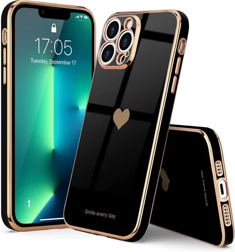 Miniatura 7 de Teageo Funda para iPhone 13 Pro para mujeres y niñas, diseño de corazón de amor, cubierta trasera suave, protección completa de la cámara, Negro