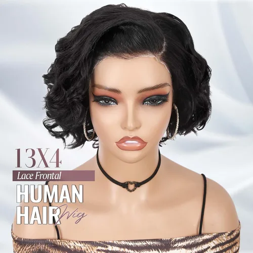 Miniatura 4 de WIGER Peluca de cabello humano rizado con corte precortado, corto y rizado, encaje frontal de 8 pulgadas, sin pegamento, encaje HD de 13 x 4