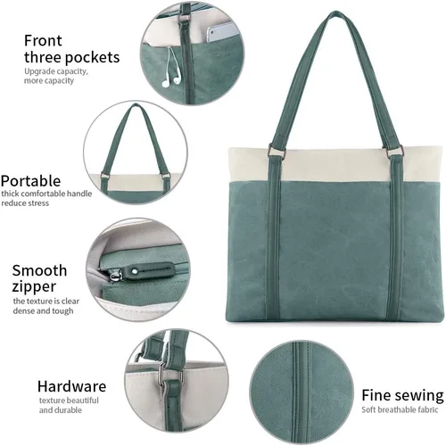 Miniatura 5 de Laptop Tote Bag for Women, 15.6 Inch Work Bag with Laptop Compartment and Zipper, Canvas Computer Tote for Teacher Marrón