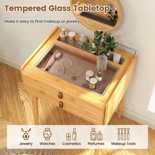 Miniatura 3 de CHARMAID Mesa de tocador de maquillaje, escritorio de bambú que ahorra espacio con espejo giratorio, 2 cajones, espacio de almacenamiento profundo