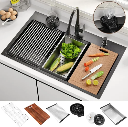 Miniatura 11 de Fregadero de cocina de acero inoxidable de 30 pulgadas, calibre 16, estación de trabajo de cuenco único, empotrado, montaje superior de 2 agujeros