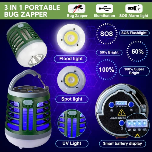 Miniatura 3 de Paquete de 2 exterminadores de insectos 3 en 1 recargable por USB, portátil, impermeable, repelente de mosquitos, linterna LED para exteriores, Verde