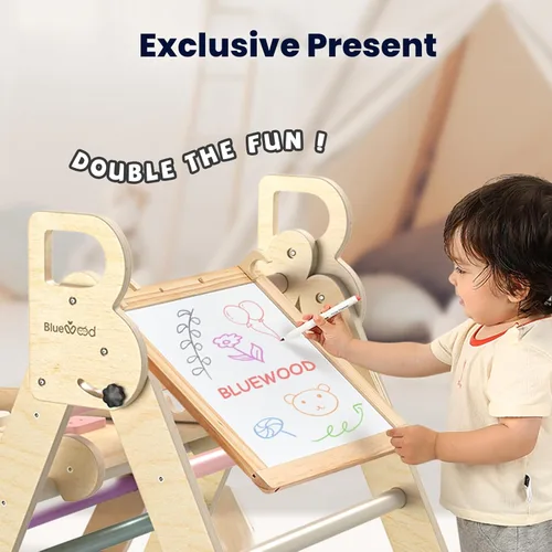 Miniatura 3 de BlueWood Juego de triángulo Pikler, conjunto plegable de 7 en 1 de madera para escaladores de niños pequeños, patio de juegos interior, gimnasio