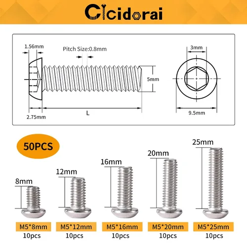 Miniatura 2 de Tornillos de cabeza de botón M5 x 0.315 in, 0.472 in, 0.630 in, 0.787 in, 0.984 in, acero inoxidable 304, unidad hexagonal Allen métrica, totalmente
