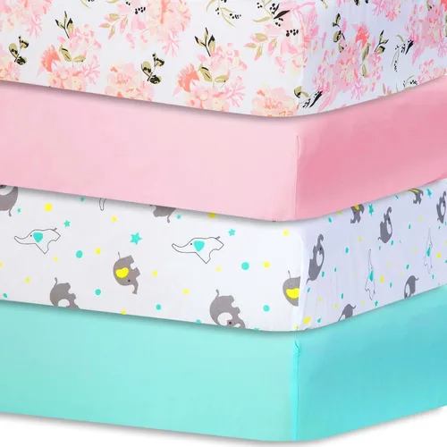 Bimocosy Paquete de 4 sábanas para cuna, sábanas bajeras para cuna de bebé, transpirables y de ajuste cómodo, suaves para colchón de cuna estándar,