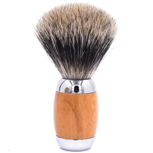 Taconic Shave Cepillo de afeitar de lujo 100% de tejón puro de 3 bandas con madera de haya de lujo y mango cromado, soporte de afeitado incluido,