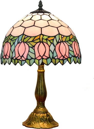 Tiffany - Lámpara de vitral, tulipán rosa, lámpara de mesa para dormitorio, lámpara de escritorio de lectura, luz para mesita de noche, sala de
