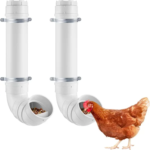 Juego de 2 Comederos Automáticos para Pollos Sin Desperdicio - 13 Libras de Gran Capacidad, Tubo de PVC Resistente, Comedero Colgante para Pollos,