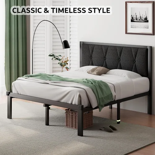 Miniatura 3 de iPormis Base de cama tamaño matrimonial de metal, cama de plataforma con cabecera de botones de lino, soporte de listones resistentes, 30 cm