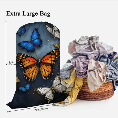 Miniatura 3 de Swono Bolsa de lavandería extragrande con cierre de cordón de 28 x 40 pulgadas, mariposa 3D voladora con brillo para residentes universitarios