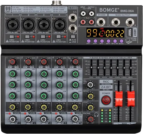 Miniatura 9 de BOMGE Mezclador de audio 04A, consola de mezcla de tablero de sonido profesional con USB/Bluetooth/Computadora/Mezclador de DJ de entrada estéreo