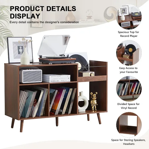 Miniatura 4 de RARZOE Soporte grande para tocadiscos, soporte de exhibición de discos de vinilo de mediados de siglo, soporte para tocadiscos con almacenamiento
