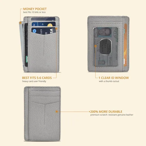 Miniatura 2 de Carteras de cuero Oak Leathers delgadas y minimalistas para hombres y mujeres con bolsillo frontal RFID y tarjetero de cuero, Gris, Pequeña