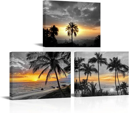 HOMEOART Arte de pared de palmera, océano, playa, puesta de sol, paisaje, paisaje tropical, palmera, imagen, decoración de pared, obra de arte