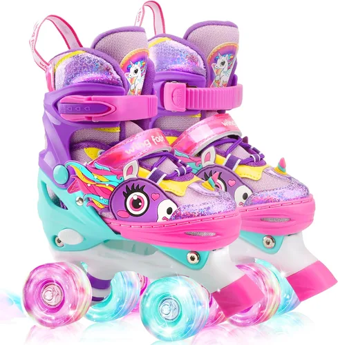 Miniatura 11 de Dino - Patines de ruedas para niños y niñas, WESKIFAN Dinosaur Quad Skating Shoes con ruedas brillantes y tamaños ajustables para principiantes