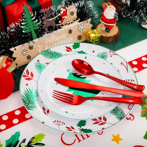 Miniatura 4 de Festiva 176 Piezas Platos de Plástico de Navidad Resistentes - Juego de Vajilla Desechable de Navidad - incluye 50 Platos 25 Cubiertos de Plástico
