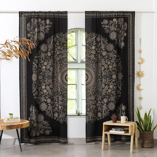 Popular Handicrafts India Hippie Mandala Bohemia Hermoso Bosquejo Cortina Cortina Dormitorio Sala Balcón Cenefa Paneles Negro Oro
