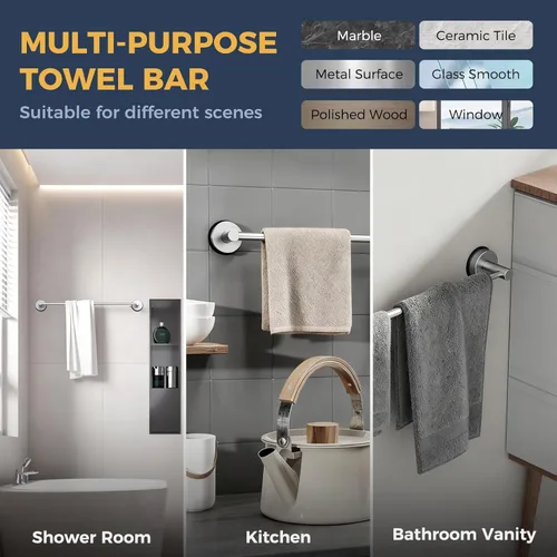 Miniatura 5 de Toalleros de 14.6 a 24 pulgadas para baño, barra de toalla ajustable con ventosa para pared de baño, soporte de toalla de baño de acero inoxidable