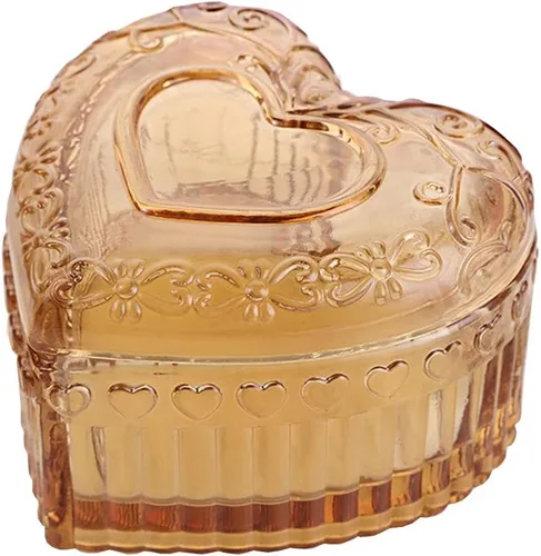 RockTrend Caja de almacenamiento de vidrio coloreado en forma de corazón Caja de joyería en relieve Caja de dulces con tapa-amarillo