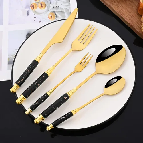 Miniatura 6 de JASHII Fancy Silverware - Juego de cubiertos de acero inoxidable dorado, juego de cubiertos de espejo, cuchillo y tenedor, cuchara, cucharadita