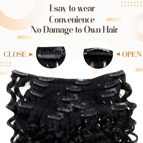 Miniatura 5 de Hetto - Extensiones de cabello humano Remy rizado con clip, color #1 negro azabache, extensiones de cabello humano ondulado natural con doble trama