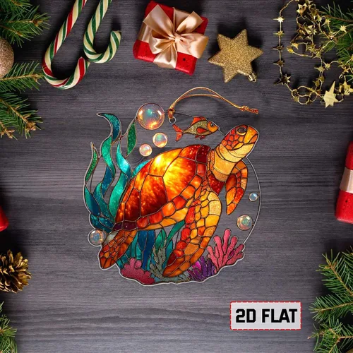 Miniatura 5 de Adorno Colgante Plano 2D de Vidrio Manchado Falso de Tortuga de Acrílico, Adorno de Tortuga Marina, Adornos de Tortuga para Árbol de Navidad, Regalo