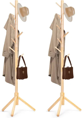 Miniatura 9 de Perchero de madera maciza independiente, árbol de pino de Nueva Zelanda con 8 ganchos y 3 tamaños ajustables para abrigos, sombreros, bolsos