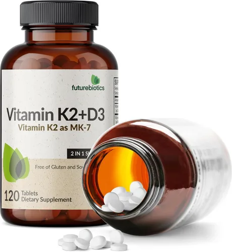 Miniatura 5 de Futurebiotics Vitamina K2 con D3, soporte 2 en 1, 5000 UI de vitamina D3 y 90 mcg de vitamina K2 MK-7 sin OMG, 120 tabletas