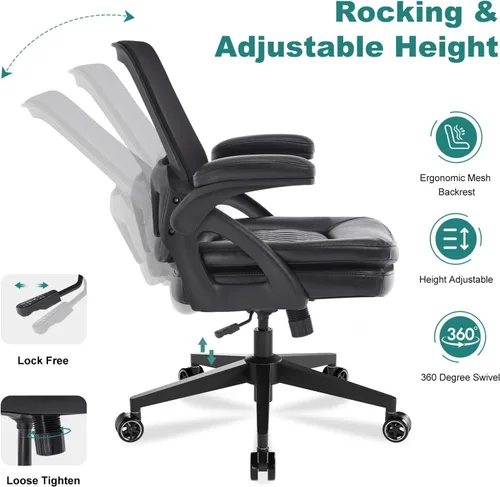 Miniatura 6 de Silla de oficina grande y alta, silla de escritorio ergonómica de malla de 500 libras con reposabrazos abatibles, asiento ancho de tamaño grande