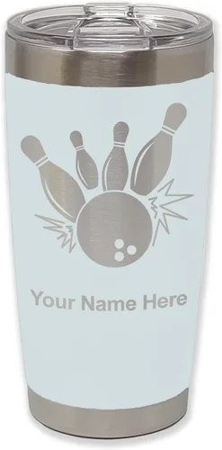 Miniatura 10 de LaserGram Vaso aislado al vacío de 20 onzas, bola de boliche y alfileres, grabado personalizado incluido (negro)