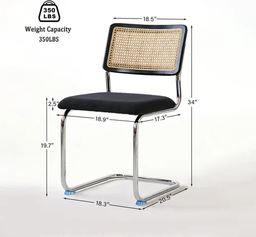 Miniatura 2 de GrandNoor Juego de 2 sillas de comedor de ratán negro con cromo, sillas de cocina de madera modernas de mediados de siglo, sillas de comedor