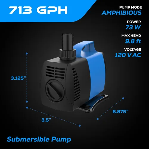 Miniatura 2 de 713 GPH Bomba de agua sumergible y en línea anfibia, para acuario, estanque, hidroponía, fuente con eje de cerámica, elevación de 8.5 pies, 45 W