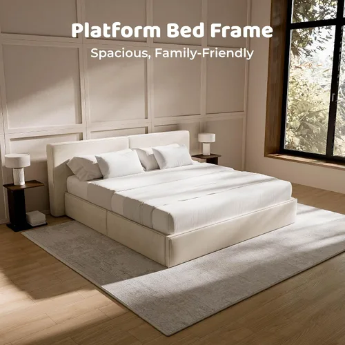 Miniatura 6 de RECCI Base de cama de plataforma con cabecero tapizado de felpa, estabilidad sin ruido, fácil montaje, listones de madera