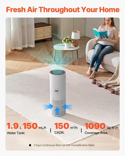Miniatura 2 de VEVOR Purificador de aire 2 en 1 con humidificador, cubre hasta 1090 pies cuadrados en una hora, filtro True HEPA 11, silencioso de 22dB, filtra