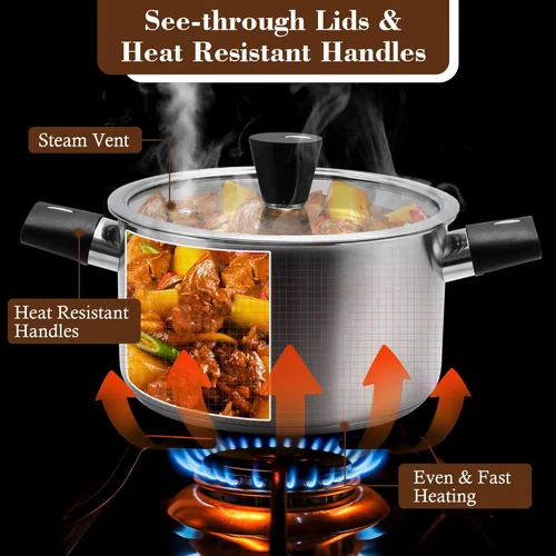 Miniatura 4 de Juego de ollas y sartenes de acero inoxidable de 6 piezas, juego de utensilios de cocina con asas que se mantienen frías, compatibles con gas