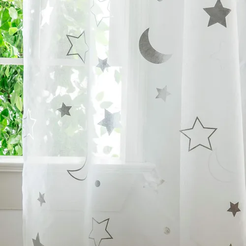 Miniatura 5 de Cortinas Transparentes con Estampado de Lámina Plateada de Luna y Estrellas para Habitación de Niñas - Cortinas de Ventana con Bolsillo