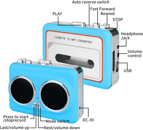 Miniatura 8 de Convertidor de casete portátil a USB, altavoz dual estéreo puro y reproductor de casete inverso automático, reproductor de cinta de casete