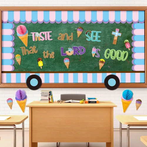 Miniatura 6 de CY2SIDE 73 piezas de recortes cristianos con sabor a helado y mira que el Señor es bueno para el aula, tablón de anuncios de Jesús, helado