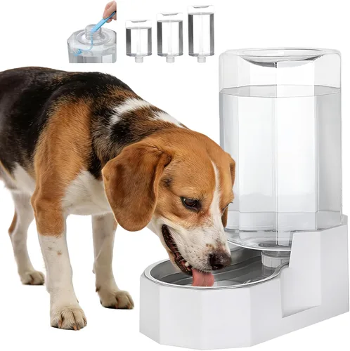 Sfozstra Dispensador Automático de Agua para Mascotas: Cuenco de Agua de Acero Inoxidable Blanco por Gravedad de 8L - con Cepillo Especializado -